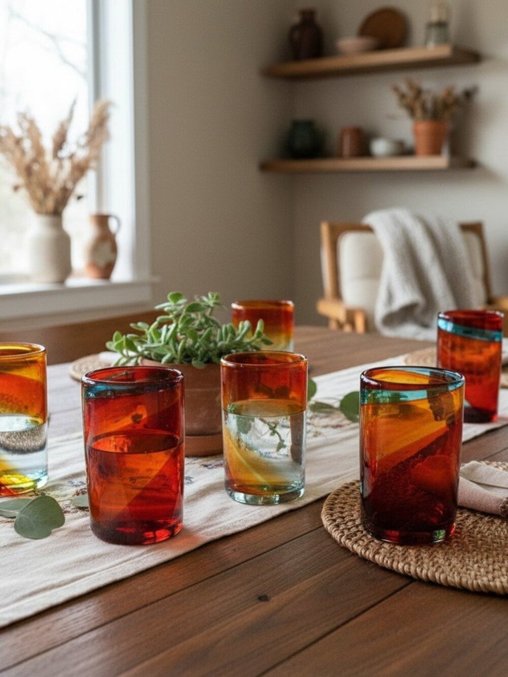 Mexican Hand-Blown 16 oz Drinking Glasses, Set of 6, Multi Color Swirl Pattern